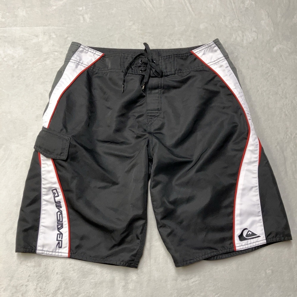Y2K Quiksilver Board Shorts Mens 34 Fit 33 Black White Stripe Logo Surf VTG